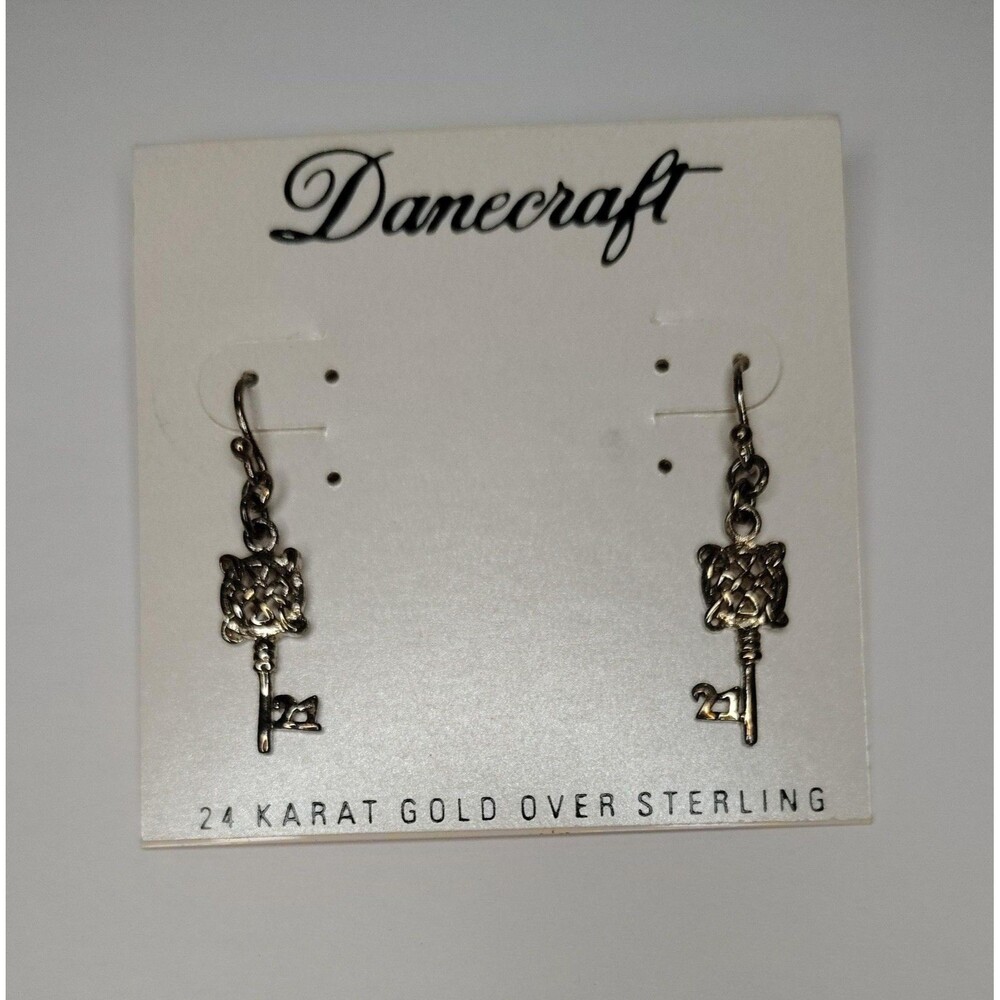 Danecraft 24K Gold Over Sterling Key 21 Dangle Drop Earrings Vermeil Design Vtg